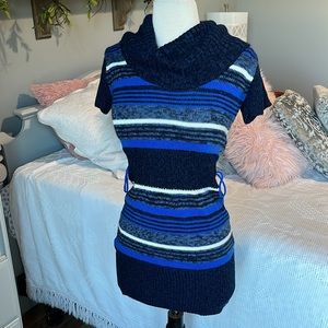 Sweater Dress Cowl Neck Blue Stripe Colorful Womens Small Acrylic